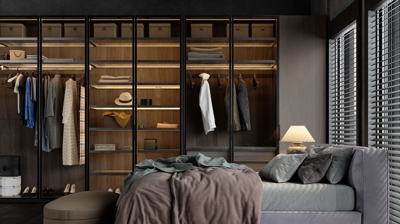 a living room with smart glass interior and clothing