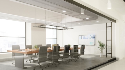 Office conference room with clear glass wall
