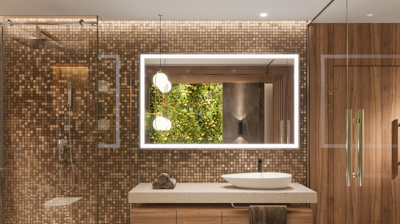 Luxury apartment bathroom interior. Mirror with LED light, sink, towels, shower with glass door, tiled floor and white ceiling.