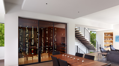 Glass enclosed wine room in a modern dining room