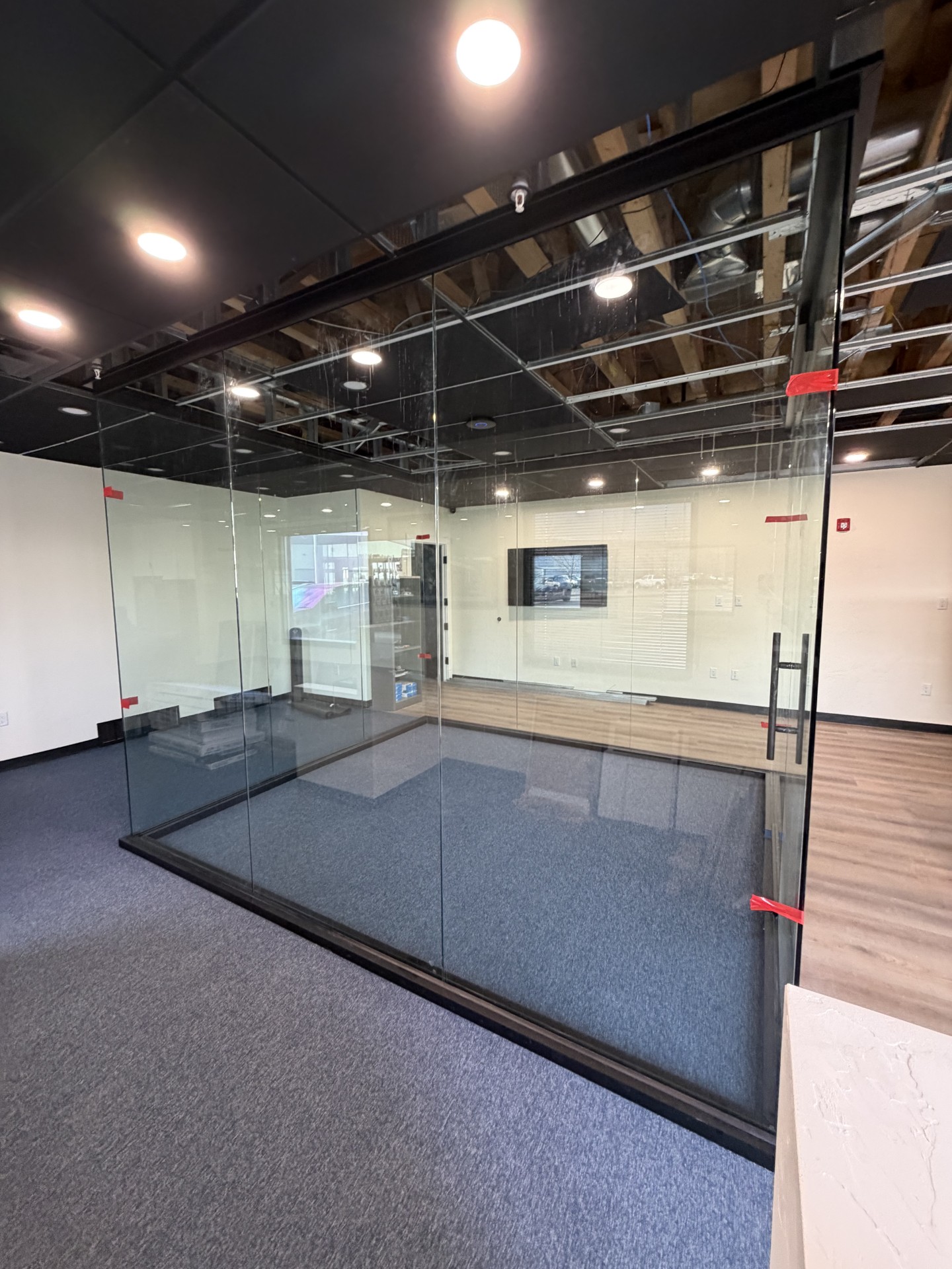 All Glass Entrance Black Door with Full Rails and Concealed Overhead Closer Ladder Pull