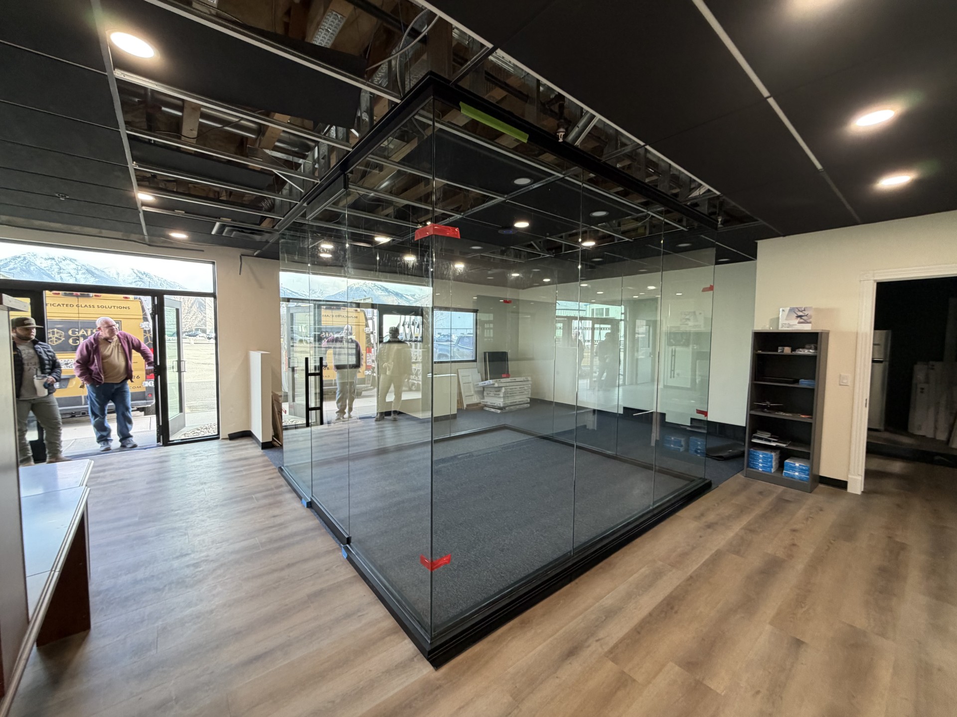 All Glass Entrance Black Door with Full Rails and Concealed Overhead Closer Ladder Pull