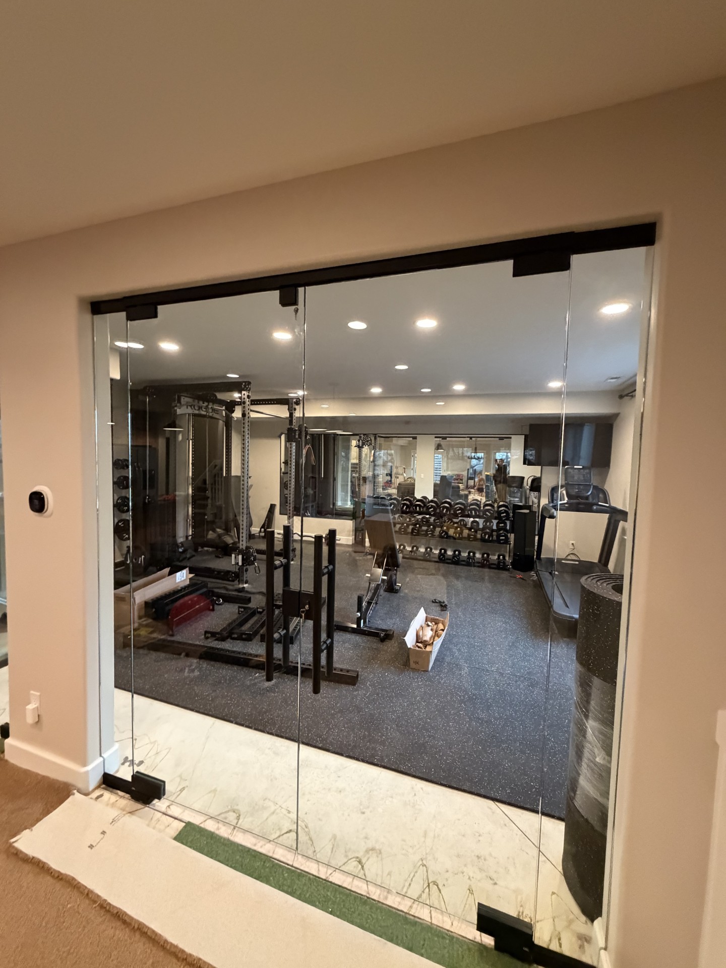 Gym Entrance Double Doors Black Ladder Pull with Locks